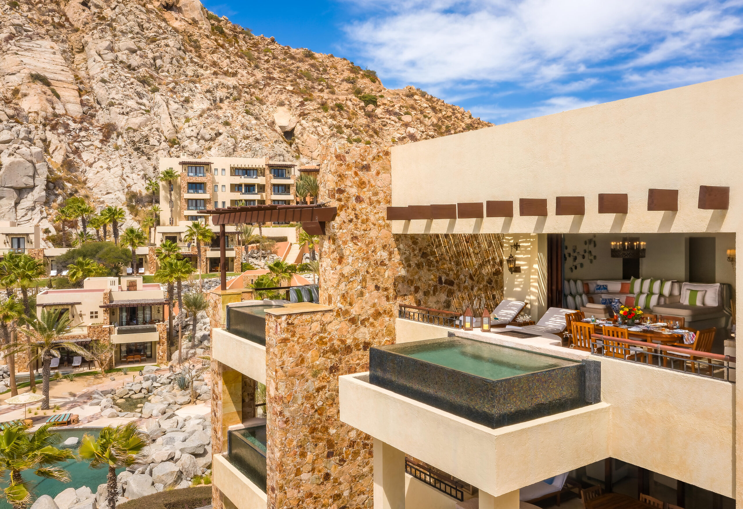 Aerial view of the three-bedroom ocean view suite with a plunge pool at waldorf astoria los cabos pedregal.